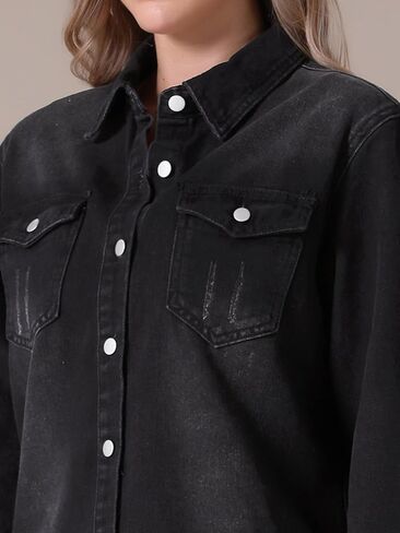 Women's Denim Jacket Frayed Hem Long Sleeve Ripped Distressed Jean Jackets in Saudi Arabia