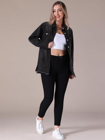 Women's Denim Jacket Frayed Hem Long Sleeve Ripped Distressed Jean Jackets in Saudi Arabia