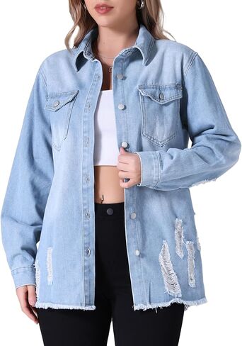 Women's Denim Jacket Frayed Hem Long Sleeve Ripped Distressed Jean Jackets in Saudi Arabia