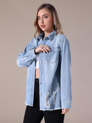 Women's Denim Jacket Frayed Hem Long Sleeve Ripped Distressed Jean Jackets in Saudi Arabia