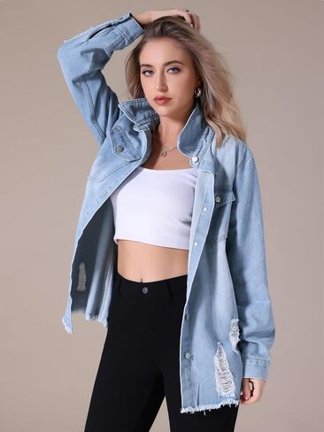Women's Denim Jacket Frayed Hem Long Sleeve Ripped Distressed Jean Jackets in Saudi Arabia