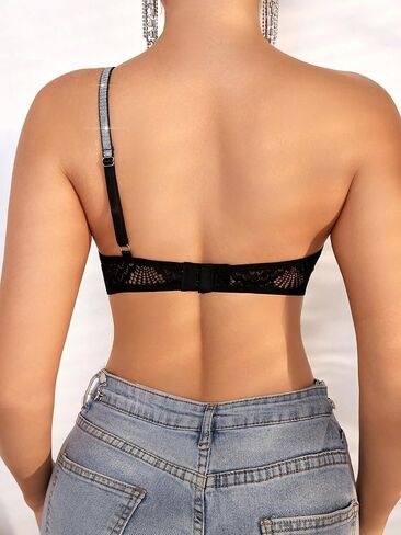 OYOANGLE Women's Rhinestone One Shoulder Bralette Floral Lace Cut Out Wireless Medium Support Unlined Bras in Saudi Arabia