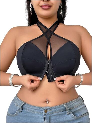 Soly Hux Plus Size Bras for Women Front Front Cloture Criss Cross Mesh Wireless Bra Comfort Everyday Bralette in Saudi Arabia
