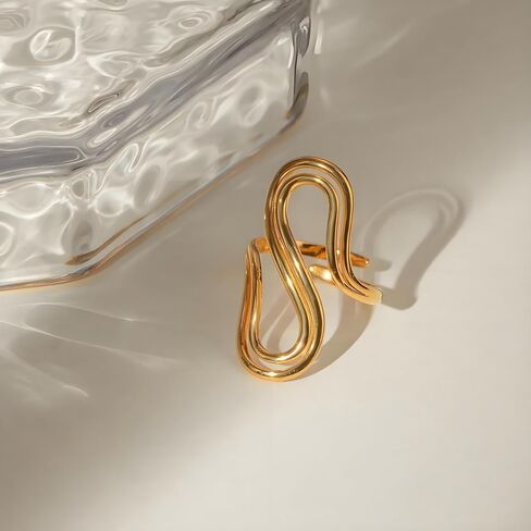 Thumb Rings For Women, Gold Silver Chunky Snake Asymmetrical Wavy Curve Ring Open Adjustable Non Tarnish Dainty Stainless Steel Anniversary Birthday Jewelry Gift in Saudi Arabia