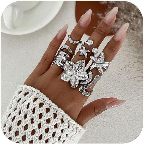 Gold Chunky Rings for Women Silver Non Tarnish Open Rings Set Pearl Flower Starfish Rings Set 6Pcs Chunky Jewelry for Women in Kuwait