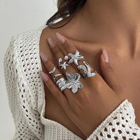 Gold Chunky Rings for Women Silver Non Tarnish Open Rings Set Pearl Flower Starfish Rings Set 6Pcs Chunky Jewelry for Women in Kuwait