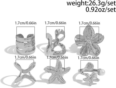 Gold Chunky Rings for Women Silver Non Tarnish Open Rings Set Pearl Flower Starfish Rings Set 6Pcs Chunky Jewelry for Women in Kuwait