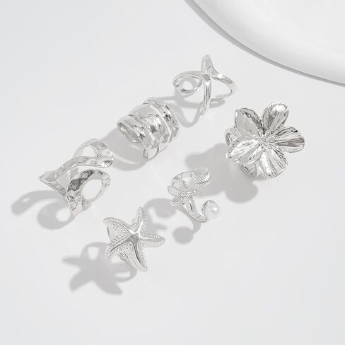 Gold Chunky Rings for Women Silver Non Tarnish Open Rings Set Pearl Flower Starfish Rings Set 6Pcs Chunky Jewelry for Women in Kuwait
