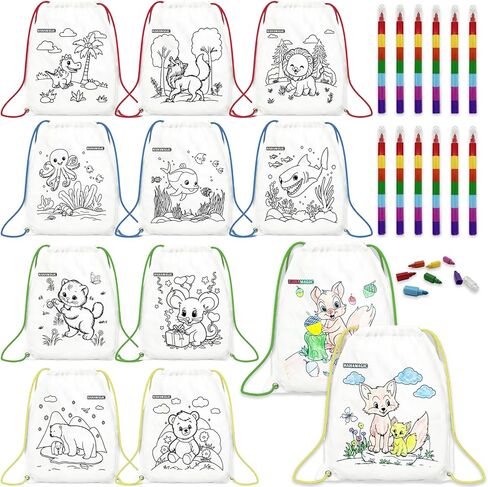 12 PCS colorable drawstring backpack for kids with 12 stackable crayons (7 colors in one), suitable as return gifts for kids, birthday goodie bags for kids and kids art party favor bags in Saudi Arabia