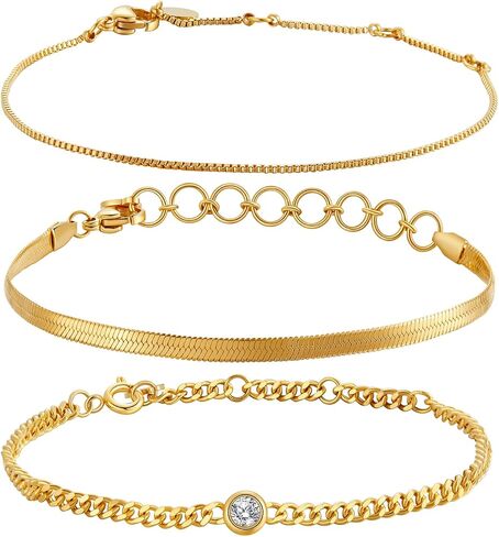 Gold Bracelets Set, Tarnish Proof and Hypoallergenic Thick Gold Layered Bracelets Set or Single-Piece with Finest Cubic Zirconia Stone, Extension and Strong Lobster Hook, Jewelry Box & Pouch; White or 18K Yellow Gold Option in Kuwait