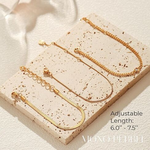 Gold Bracelets Set, Tarnish Proof and Hypoallergenic Thick Gold Layered Bracelets Set or Single-Piece with Finest Cubic Zirconia Stone, Extension and Strong Lobster Hook, Jewelry Box & Pouch; White or 18K Yellow Gold Option in Kuwait