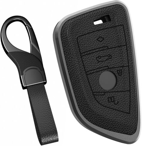 for BMW Key Fob Cover, Leather & Aluminum Full Protection Case – Premium Anti-Scratch Shell with Keychain, Compatible with 3 Series 5 Series X1 X3 X5 Accessories (A-Black) in Kuwait
