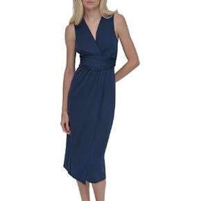 DKNY Women's Sleeveless Surplice Neck Side Ruching Midi Dress in Saudi Arabia