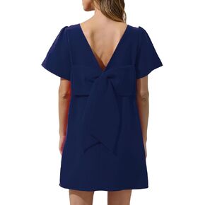 Kedera Women's Casual Mini Bow Crew Neck Short Sleeves Loose Dresses Swing Solid Shift Dress with Pockets in Kuwait