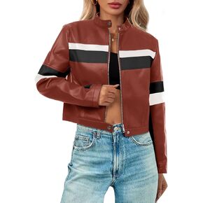 Tankaneo Womens Cropped Moto Biker Jackets Faux Leather Bomber Jacket Color Block Vintage Racing Coats in Kuwait