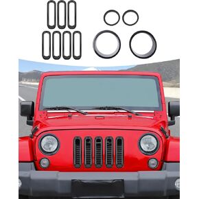 إدراج الشواية الأمامية+المصباح الأمامي+غطاء ضوء الدوران الأمامي يتوافق مع Jeep Wrangler JK JKU 2007-2018،11pcs مجموعات تقليم خارجية ، أسود in Kuwait