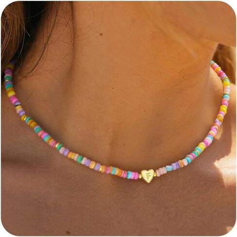 Initial Necklaces for Women Trendy,14k Gold Plated A-Z Personized Custom Heart Letter Pendant Colorful Boho Bead Necklace Dainty Gold Necklace Summer Jewelry for Birthday Gift in Saudi Arabia