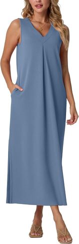 GRECERELLE 2025 Women Summer V-Neck Casual Loose Split Wrinkle-Free Long Maxi Vacation Dress with Pockets (XS-3XL) in Saudi Arabia