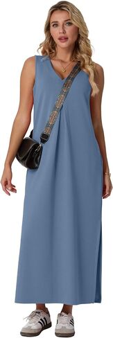 GRECERELLE 2025 Women Summer V-Neck Casual Loose Split Wrinkle-Free Long Maxi Vacation Dress with Pockets (XS-3XL) in Saudi Arabia