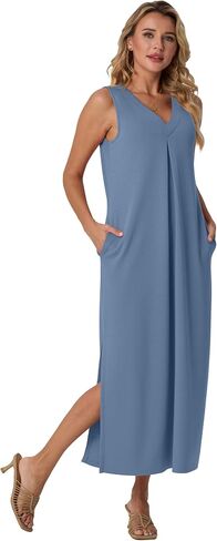 GRECERELLE 2025 Women Summer V-Neck Casual Loose Split Wrinkle-Free Long Maxi Vacation Dress with Pockets (XS-3XL) in Saudi Arabia