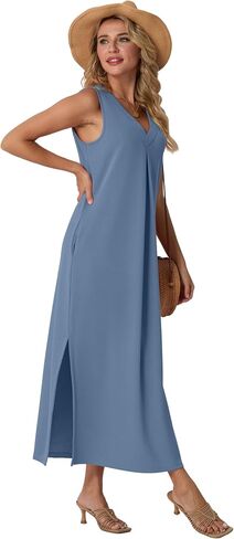 GRECERELLE 2025 Women Summer V-Neck Casual Loose Split Wrinkle-Free Long Maxi Vacation Dress with Pockets (XS-3XL) in Saudi Arabia