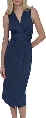 DKNY Women's Sleeveless Surplice Neck Side Ruching Midi Dress in Saudi Arabia