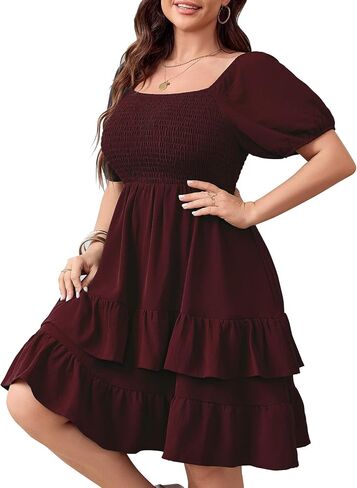 Womens Plus Size Summer Dresses Tiered Square Neck Short Sleeve Smocked A Line Ruffle Layered Swing Short Mini Dress in Kuwait
