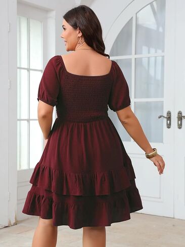 Womens Plus Size Summer Dresses Tiered Square Neck Short Sleeve Smocked A Line Ruffle Layered Swing Short Mini Dress in Kuwait