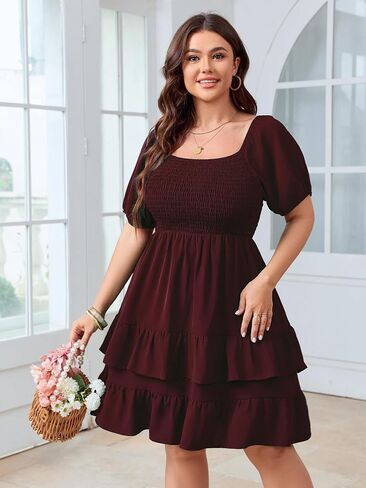 Womens Plus Size Summer Dresses Tiered Square Neck Short Sleeve Smocked A Line Ruffle Layered Swing Short Mini Dress in Kuwait