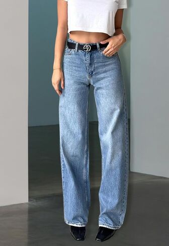 Women's Straight Leg Denim High Waist Baggy Casual Stretchy Loose Jeans in Kuwait