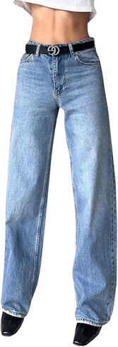 Women's Straight Leg Denim High Waist Baggy Casual Stretchy Loose Jeans in Kuwait