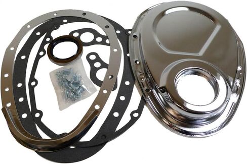 1955-65 متوافق/بديل لـ Chevy Small Block 283-305-327-350-400 مجموعة تغطية سلسلة توقيت من الصلب 2 قطعة-Chrome in Saudi Arabia