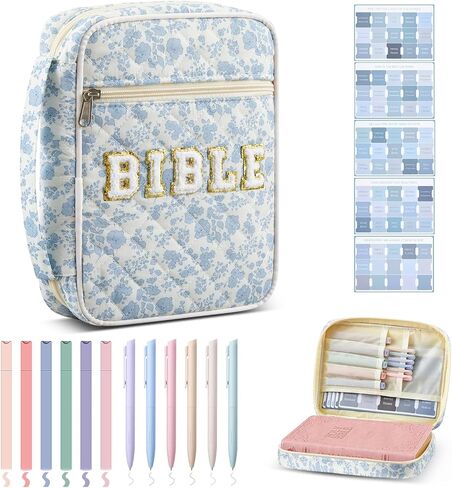 Quilted Bible Cover Case for Women Large Carrying Bag with Organizer Tabs 6 Colored Pens 6 Highlighters Book Tote Bags with Handle Bible Study Supplies Christian Gifts(Pink Bow) in Saudi Arabia