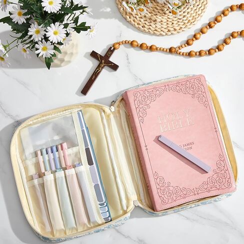 Quilted Bible Cover Case for Women Large Carrying Bag with Organizer Tabs 6 Colored Pens 6 Highlighters Book Tote Bags with Handle Bible Study Supplies Christian Gifts(Pink Bow) in Saudi Arabia