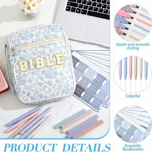 Quilted Bible Cover Case for Women Large Carrying Bag with Organizer Tabs 6 Colored Pens 6 Highlighters Book Tote Bags with Handle Bible Study Supplies Christian Gifts(Pink Bow) in Saudi Arabia