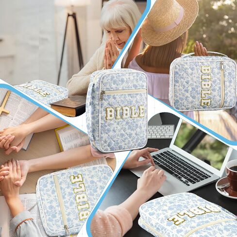 Quilted Bible Cover Case for Women Large Carrying Bag with Organizer Tabs 6 Colored Pens 6 Highlighters Book Tote Bags with Handle Bible Study Supplies Christian Gifts(Pink Bow) in Saudi Arabia