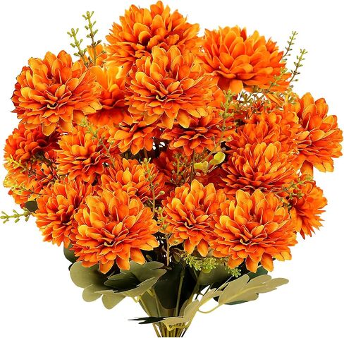 SGGVECSY 2 حزم 18 رأسًا من الزهور الاصطناعية Faux Faux Faux Fake Silk Orange chrysanthemums with Greenery Plants Floral Translement for Indoor Outdoor Garden Home Wedding Decor in Saudi Arabia
