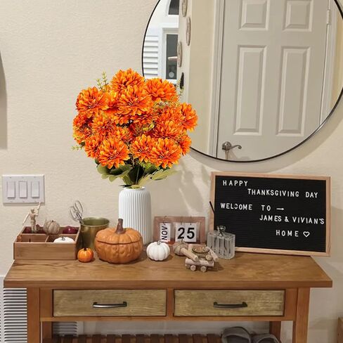 SGGVECSY 2 حزم 18 رأسًا من الزهور الاصطناعية Faux Faux Faux Fake Silk Orange chrysanthemums with Greenery Plants Floral Translement for Indoor Outdoor Garden Home Wedding Decor in Saudi Arabia