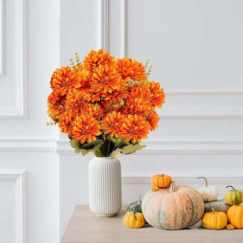 SGGVECSY 2 حزم 18 رأسًا من الزهور الاصطناعية Faux Faux Faux Fake Silk Orange chrysanthemums with Greenery Plants Floral Translement for Indoor Outdoor Garden Home Wedding Decor in Saudi Arabia