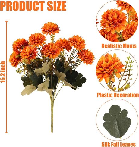 SGGVECSY 2 حزم 18 رأسًا من الزهور الاصطناعية Faux Faux Faux Fake Silk Orange chrysanthemums with Greenery Plants Floral Translement for Indoor Outdoor Garden Home Wedding Decor in Saudi Arabia