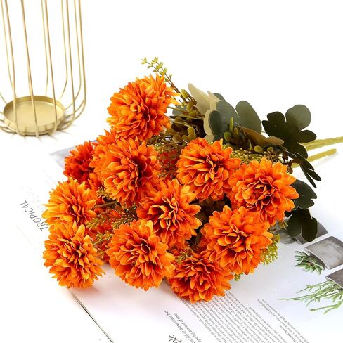 SGGVECSY 2 حزم 18 رأسًا من الزهور الاصطناعية Faux Faux Faux Fake Silk Orange chrysanthemums with Greenery Plants Floral Translement for Indoor Outdoor Garden Home Wedding Decor in Saudi Arabia