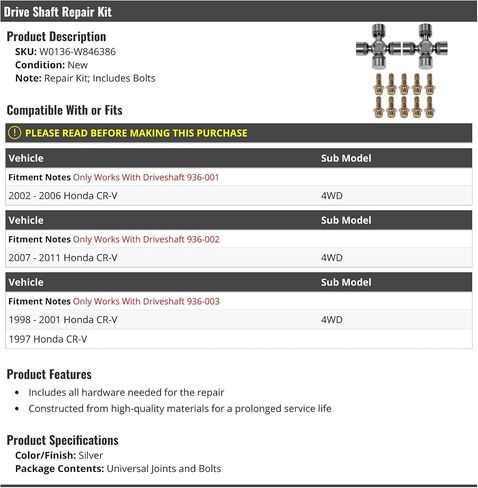 Drive Shaft Repair Kit - Universal Joints and Bolts - Compatible with 1997-2011 Honda CR-V 4WD in Saudi Arabia