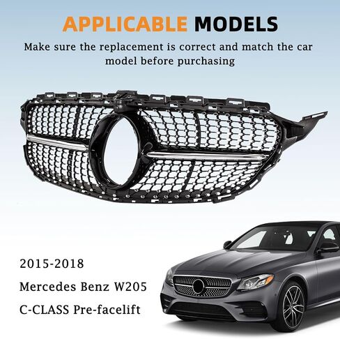 شواء Grille Grille Grille Colrill Karpal متوافق مع 2015-2018 Mercedes Benz W205 C-Class C250 C300 C400 استبدال 2058881260 Black + Chrome in Saudi Arabia
