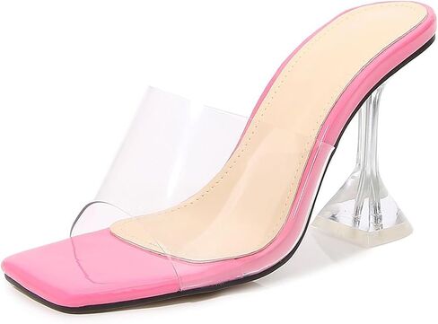 Women's Clear Square Open Toe High Heel Sandals Fashion Slip On Backless Crystal Stiletto Heel Slide Sandals Sexy Wedding Party Prom Dress Shoes 4.5-14 Size in Kuwait
