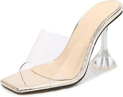 Women's Clear Square Open Toe High Heel Sandals Fashion Slip On Backless Crystal Stiletto Heel Slide Sandals Sexy Wedding Party Prom Dress Shoes 4.5-14 Size in Kuwait