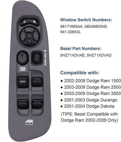 Master Window Switch Control Button & Grey Bezel, Compatible with 2002-2009 Dodge Ram 1500 2500 3500, 2001-2003 Dodge Durango, 2001-2004 Dodge Dakota, Replace OEM 68171680AA, 56049805AB in Saudi Arabia