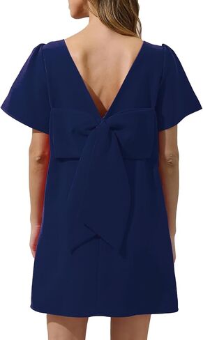 Kedera Women's Casual Mini Bow Crew Neck Short Sleeves Loose Dresses Swing Solid Shift Dress with Pockets in Saudi Arabia