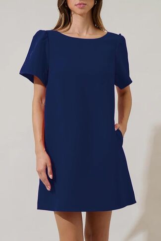 Kedera Women's Casual Mini Bow Crew Neck Short Sleeves Loose Dresses Swing Solid Shift Dress with Pockets in Saudi Arabia