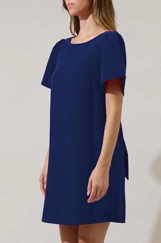 Kedera Women's Casual Mini Bow Crew Neck Short Sleeves Loose Dresses Swing Solid Shift Dress with Pockets in Saudi Arabia