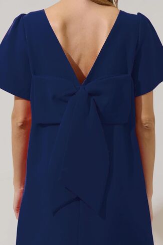 Kedera Women's Casual Mini Bow Crew Neck Short Sleeves Loose Dresses Swing Solid Shift Dress with Pockets in Saudi Arabia